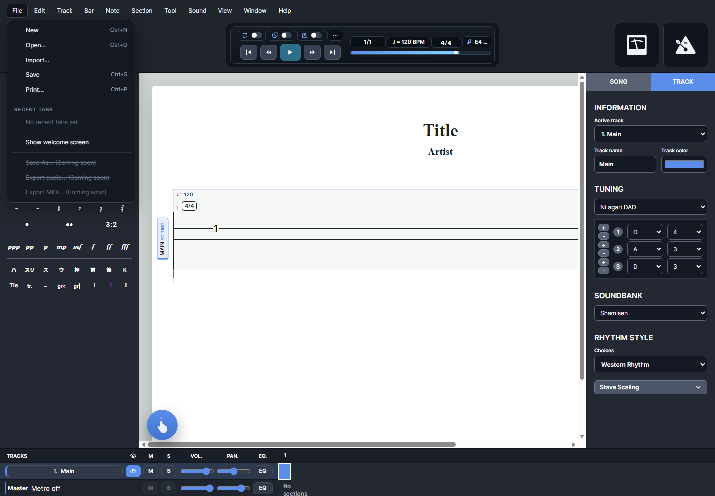 File menu open in ShamiTab showing New, Open, Import, Save, and Print commands.