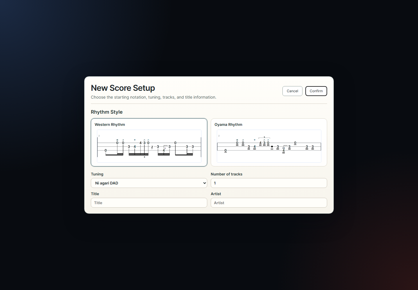 New Score Setup dialog with rhythm style, tuning, track count, title, and artist fields.