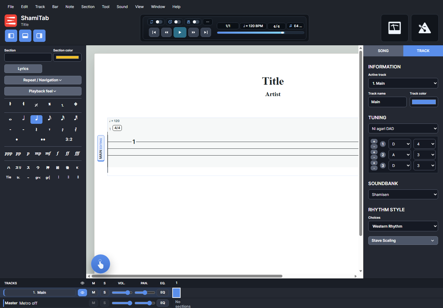 Score surface with a newly entered shamisen position and note duration selected in the left palette.