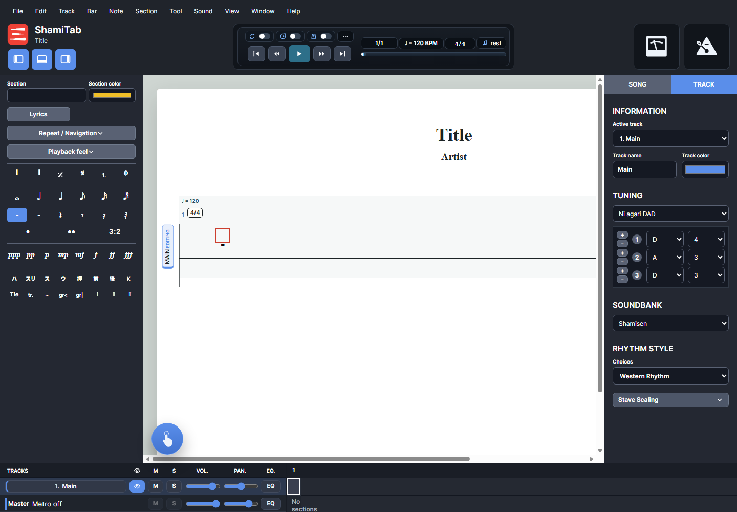 ShamiTab editor workspace showing the score page, top transport, left tools, right inspector, and bottom track toolbar.
