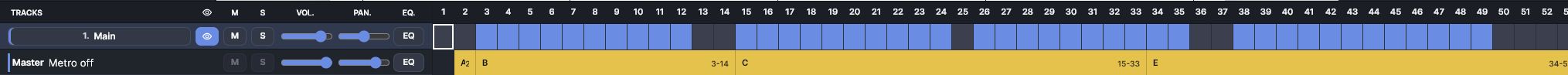 Close-up of the ShamiTab bottom toolbar with track volume, pan, mute, solo, measure navigation, and colored section timeline