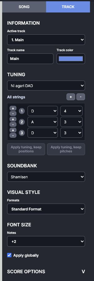 Close-up of the ShamiTab track inspector with shamisen tuning, string pitches, soundbank, visual style, and note font controls